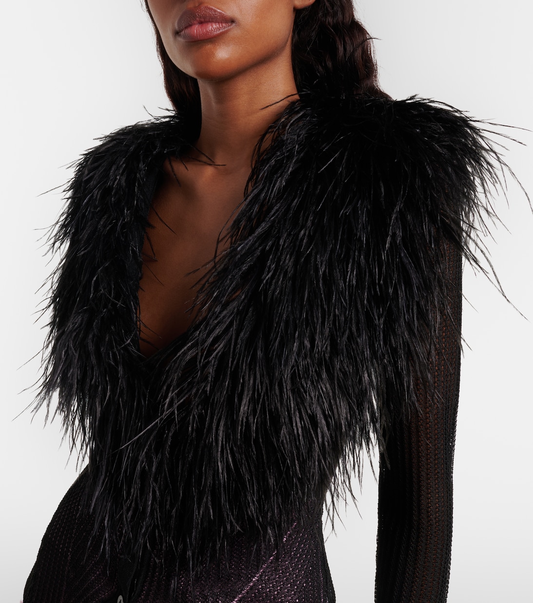 Feather-trimmed ribbed-knit cardigan | Blumarine