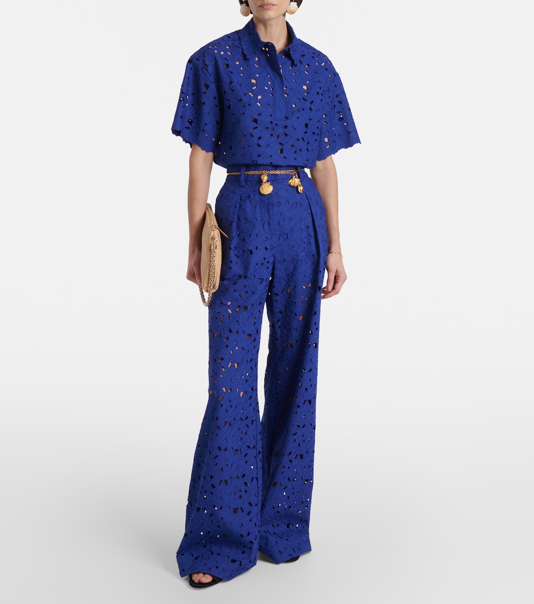 Pantaloni flared Zaffre in sangallo di cotone | Rebecca Vallance