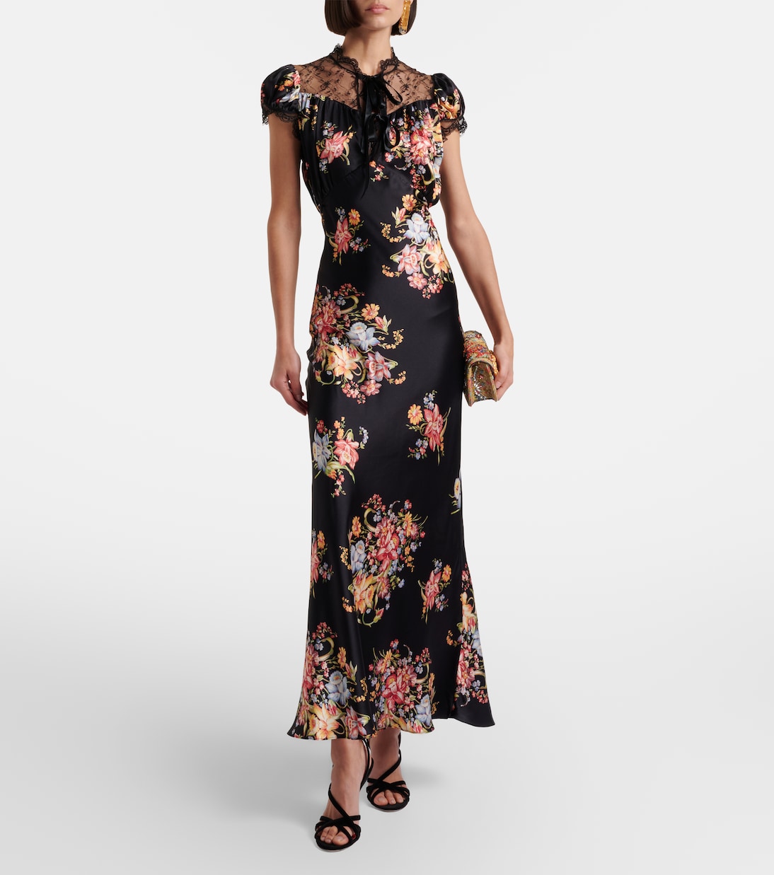 Vestido midi de seda con encaje floral | Rodarte