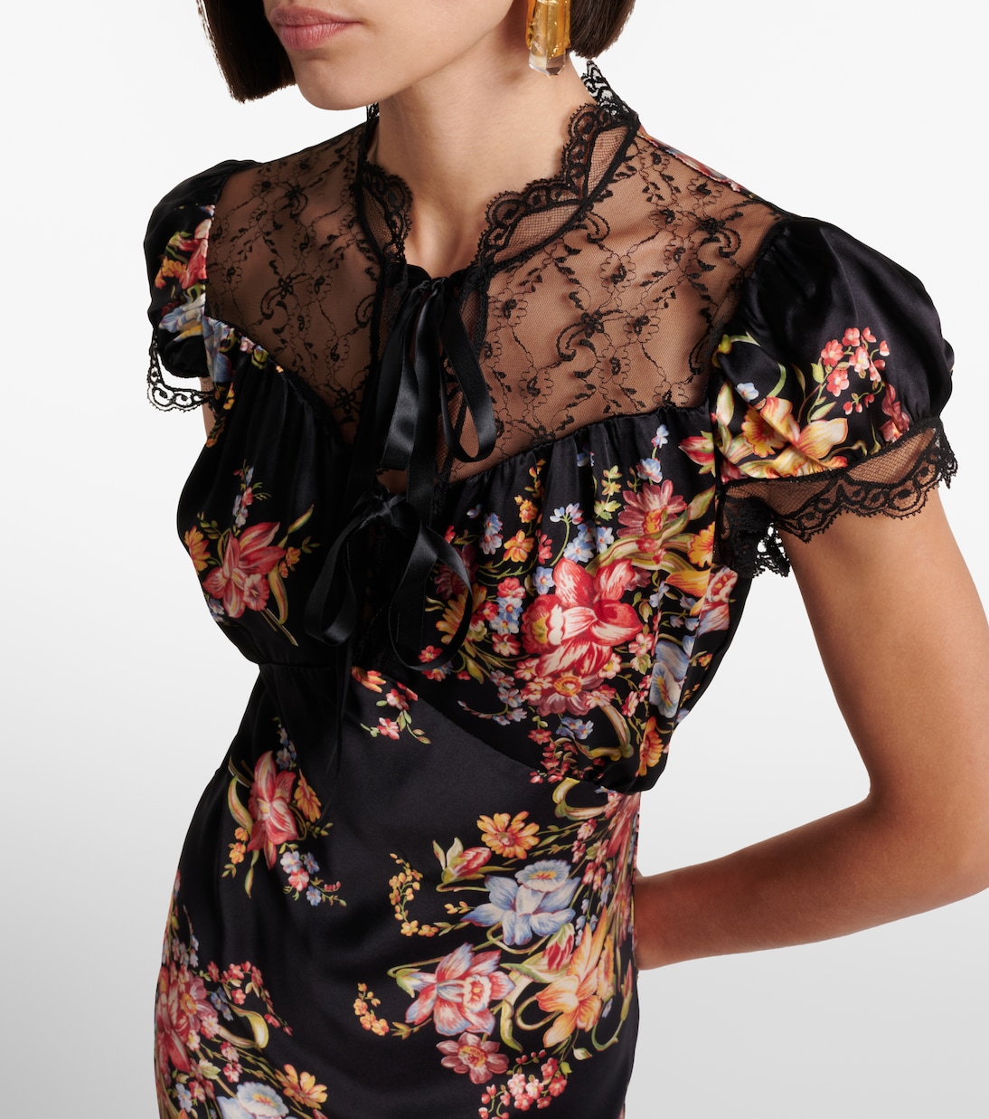 Vestido midi de seda con encaje floral | Rodarte