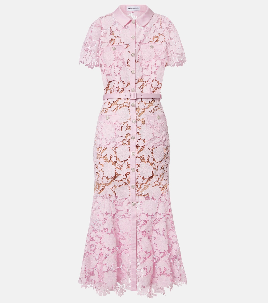 Vestido camisero de encaje con cinturón | Self-Portrait