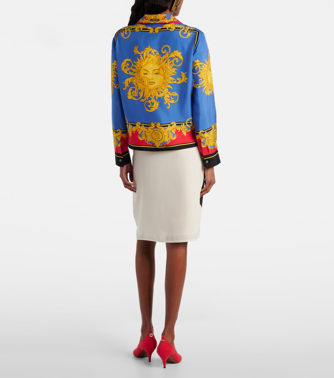 Jupe midi imprimée en popeline de soie | Versace