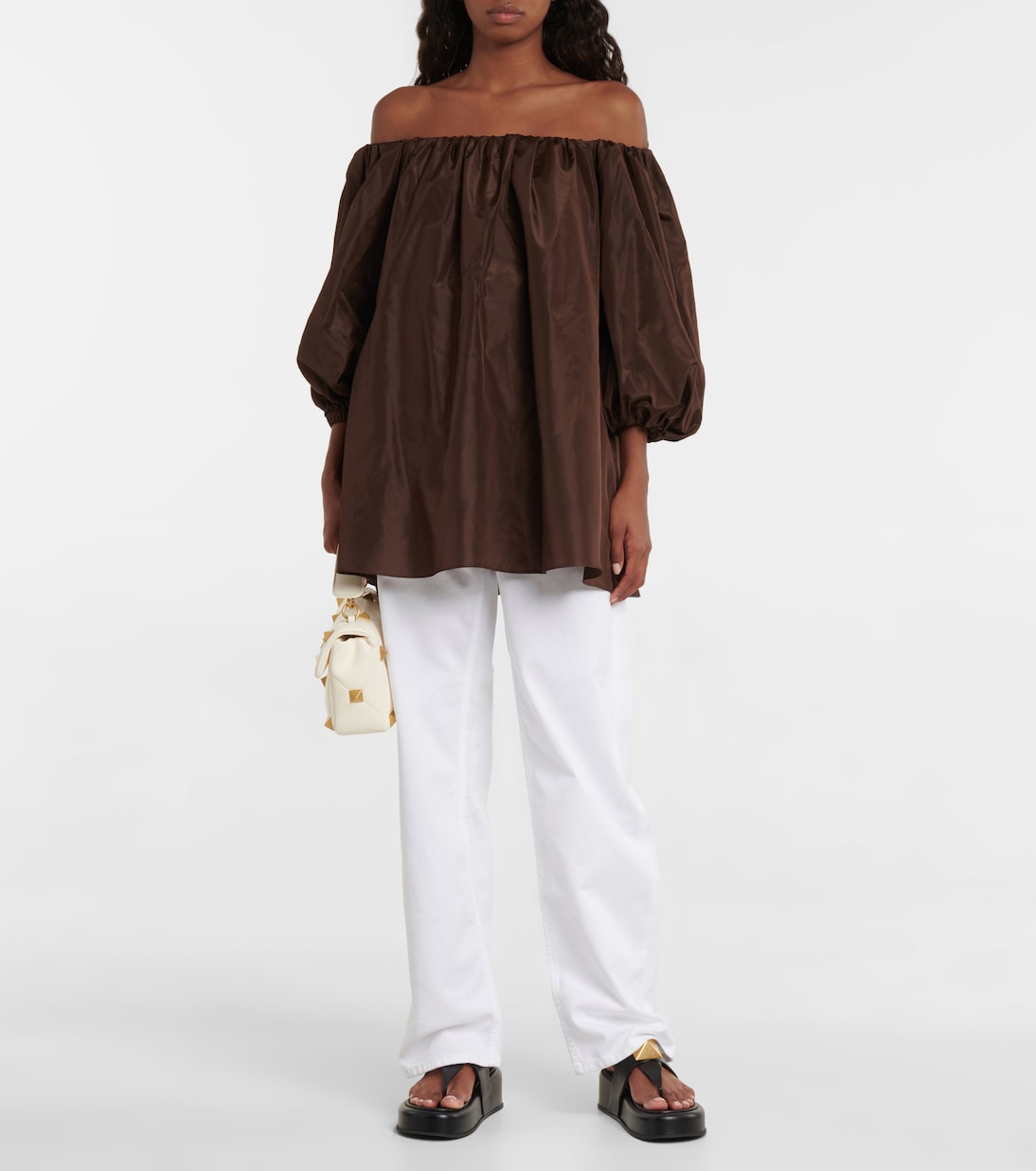 Off-shoulder puff-sleeve silk top | Valentino