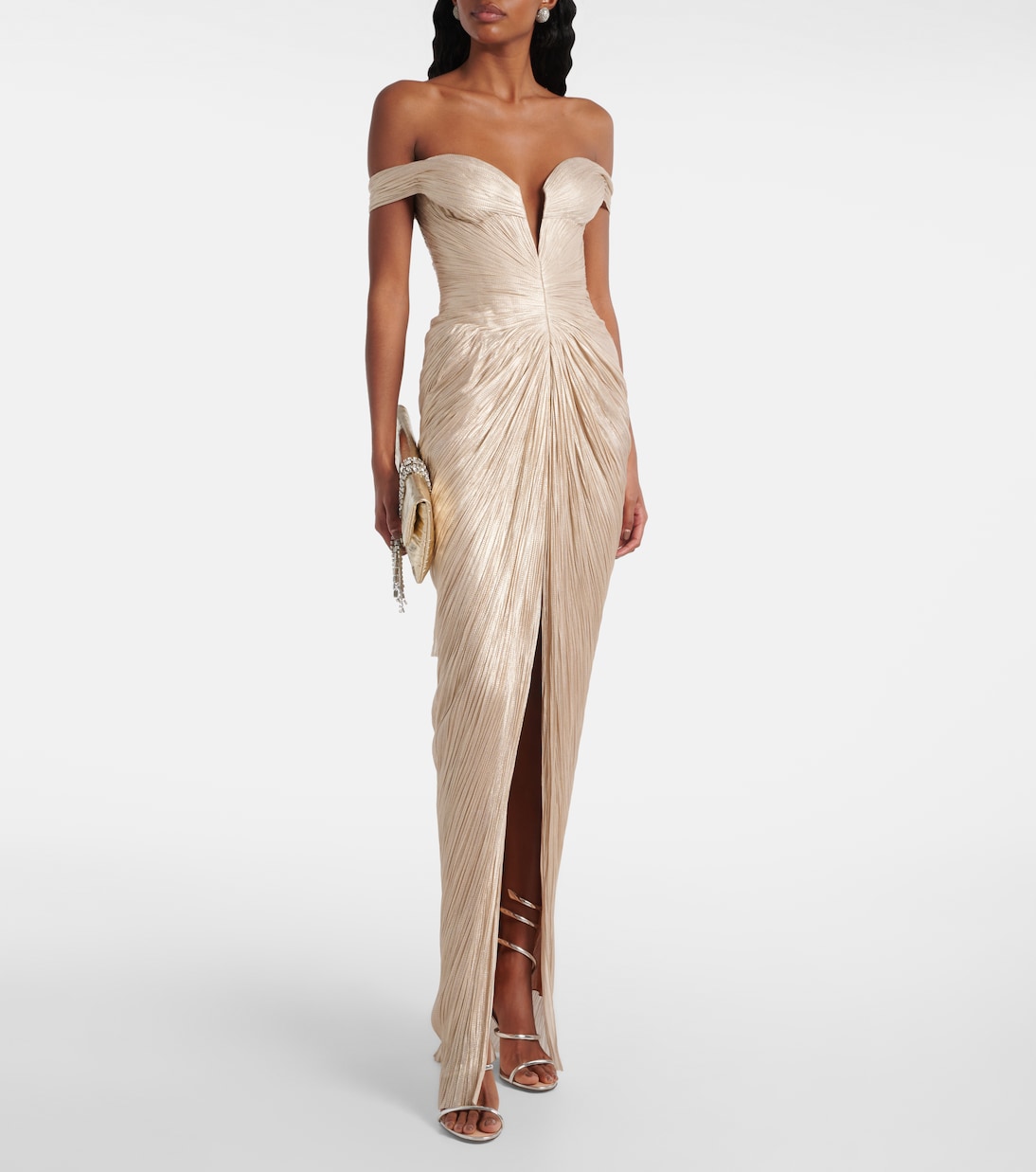 Abito lungo off-shoulder Diella in seta | Maria Lucia Hohan