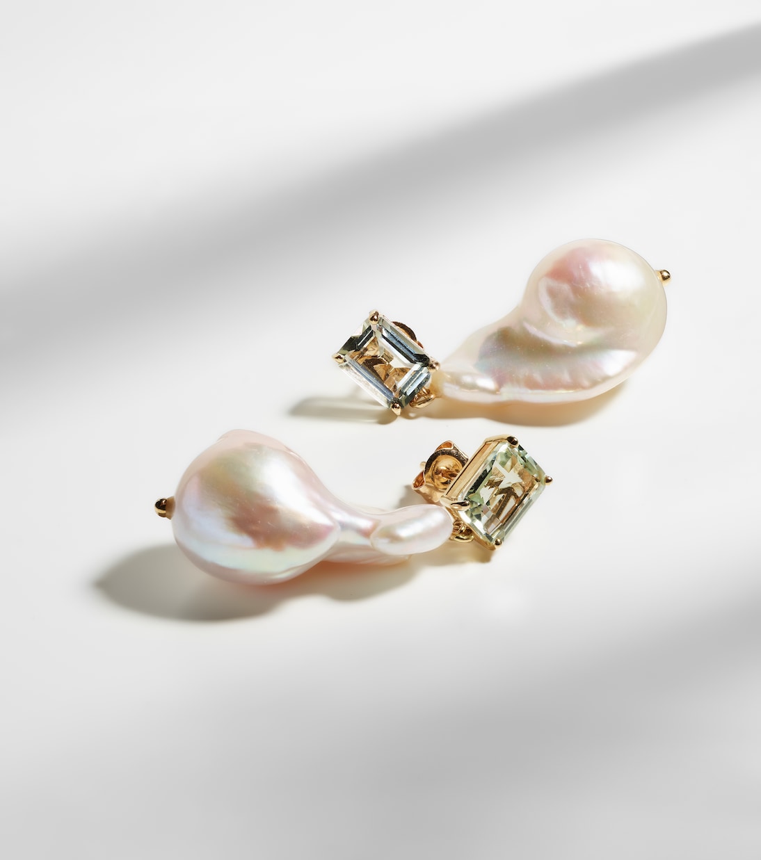 14kt gold drop earrings with amethysts and Baroque pearls | Mateo