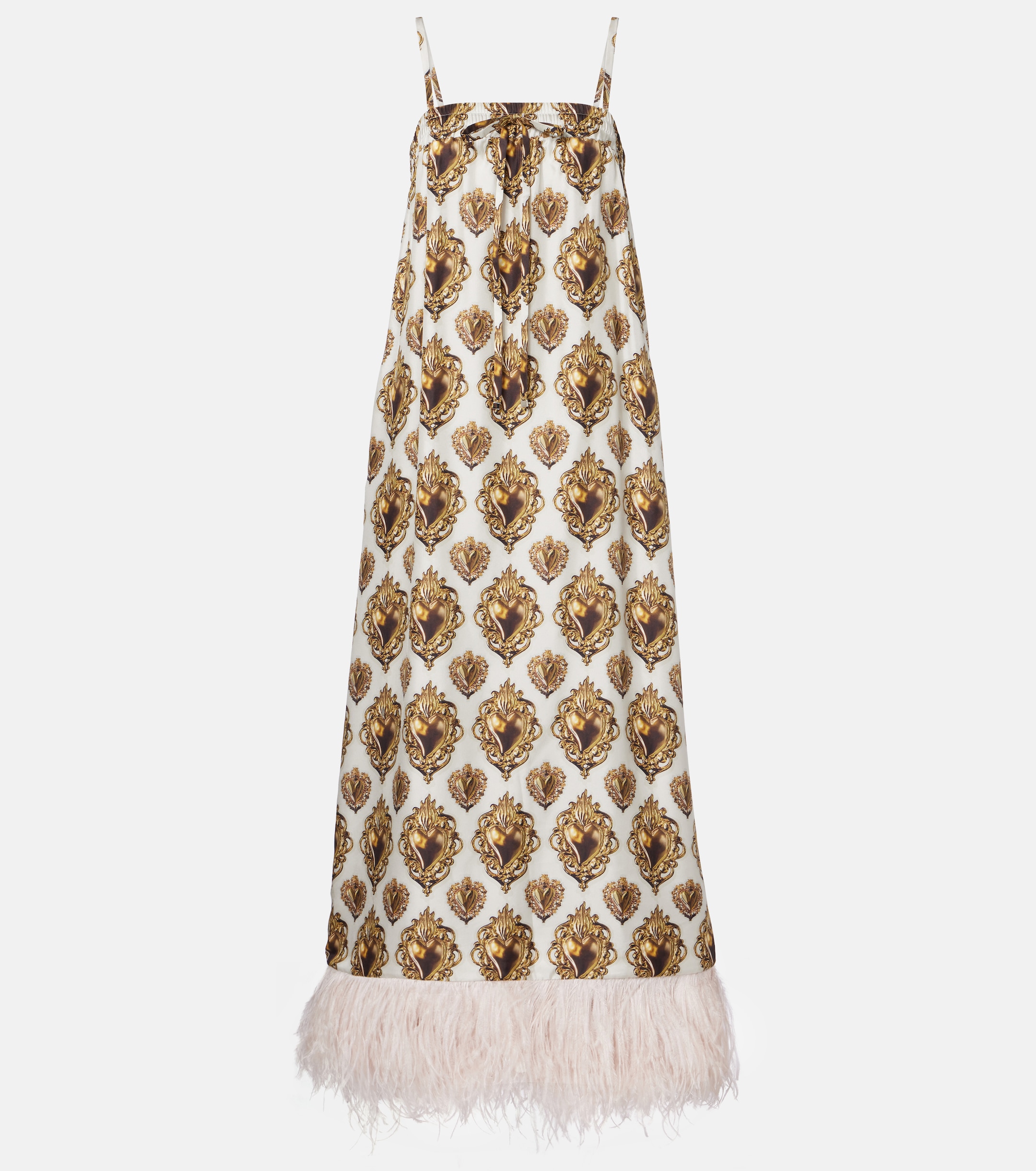 Feather-trimmed printed silk maxi dress
