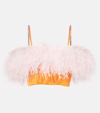 Feather-trimmed satin crop top | Self-Portrait