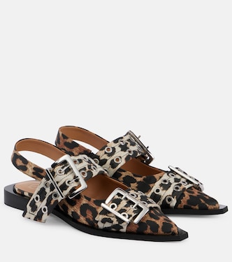 Leopard-print satin slingback flats | Ganni