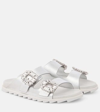 Crystal-embellished metallic leather slides | Roger Vivier
