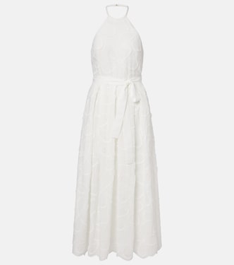 Embroidered belted cotton-blend midi dress | Elie Saab