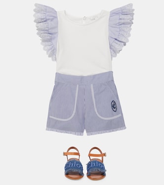Leather-trimmed denim sandals | Chloé Kids