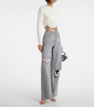Distressed embellished wide-leg jeans | Area
