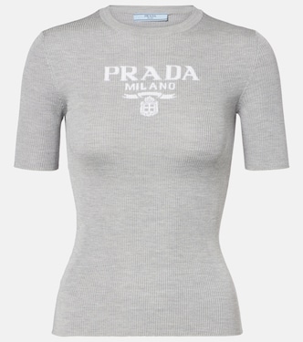 Logo ribbed-trim silk T-shirt | Prada