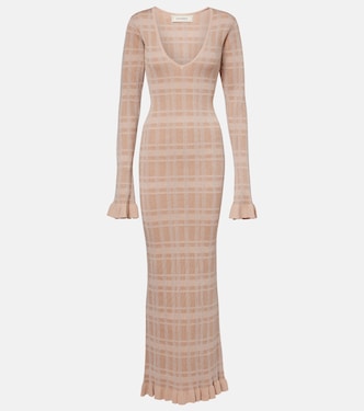 Ether checked ribbed-knit ruffled maxi dress | Bananhot