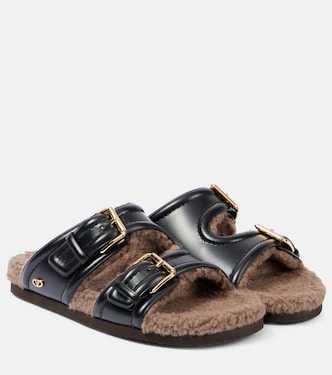 Faux fur-trimmed leather sandals | Valentino Garavani