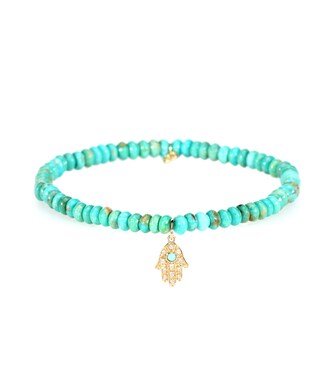 Baby Hamsa beaded bracelet with 14kt yellow gold charm, turquoise and diamond | Sydney Evan