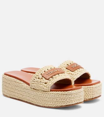 Logo raffia platform espadrille slides | Versace