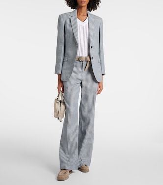 Blazer rayé en lin et coton mélangés | Brunello Cucinelli
