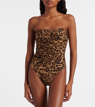 Leopard-print ruched strapless swimsuit | Karla Colletto