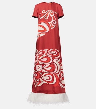 Swing feather-trimmed silk maxi dress | La DoubleJ