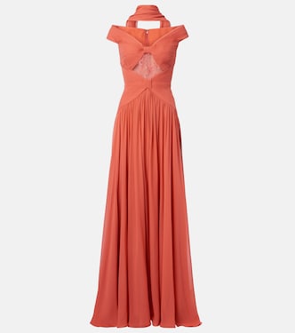 Gathered lace-trimmed silk gown | Elie Saab