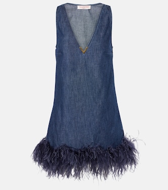 Minikleid VGold aus Denim mit Federn | Valentino