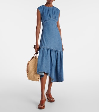 Gathered tiered denim midi dress | Frame