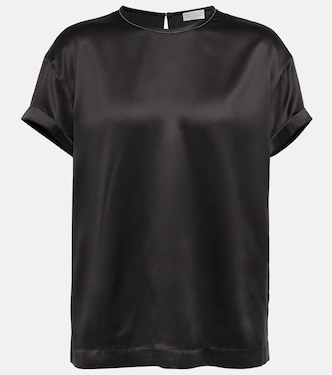 Embellished silk-blend satin T-shirt | Brunello Cucinelli