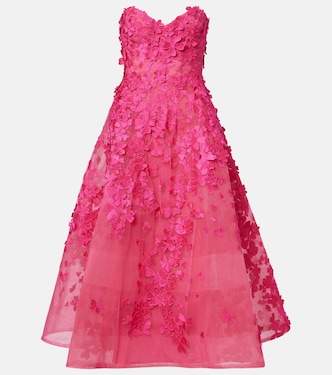 Floral-appliqué tulle midi dress | Monique Lhuillier