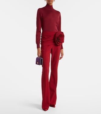 Floral-appliqué draped wool-blend flared pants | Carolina Herrera