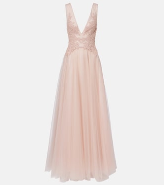 Floral-appliqué tulle gown | Costarellos