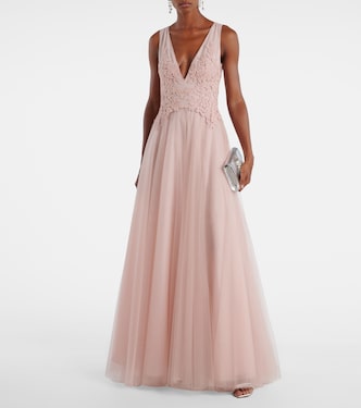 Floral-appliqué tulle gown | Costarellos