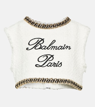 Crop top de tweed con logo y cadena | Balmain