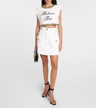 Crop top de tweed con logo y cadena | Balmain