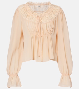 Shirred cropped lace-trimmed silk blouse | Chloé