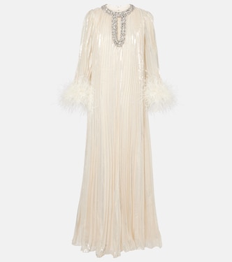 Feather-trimmed silk-blend maxi dress | Self-Portrait