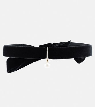 14kt gold and velvet choker with pearl and diamonds | Mateo