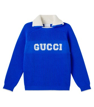 Logo jacquard wool polo sweater | Gucci Kids