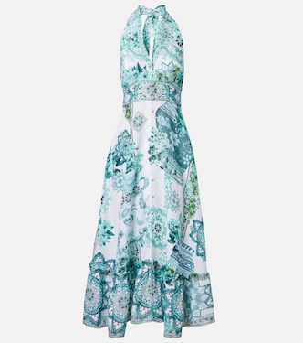 Embellished ruffled halterneck linen midi dress | Camilla