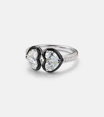 Twin Heart 18kt 화이트 골드 에나멜 다이아몬드 링  | Kamyen