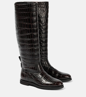 Croc-effect leather knee-high boots | Brunello Cucinelli