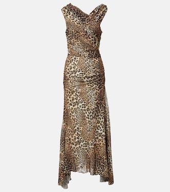 Ruched leopard-print mesh maxi dress | Ganni