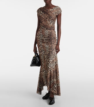 Ruched leopard-print mesh maxi dress | Ganni