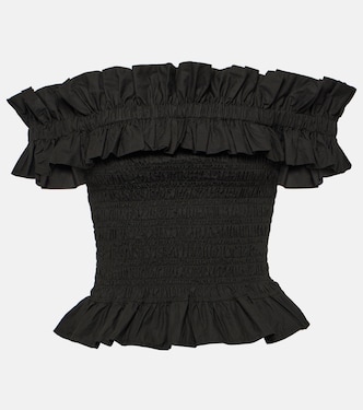 Smocked off-shoulder cotton poplin top | Ganni