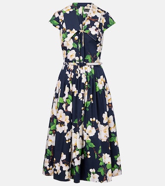Floral pleated cotton-blend midi dress | Oscar de la Renta