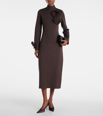 Floral-appliqué wool-blend midi dress | Oscar de la Renta