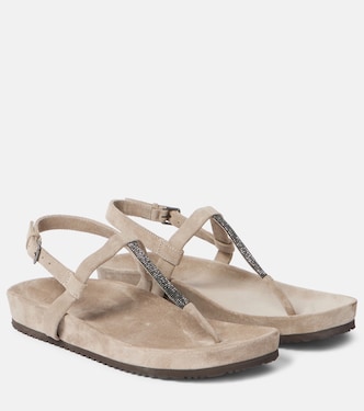 Sandali infradito in suede con monili | Brunello Cucinelli