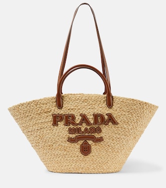 Logo leather-trimmed raffia basket bag | Prada