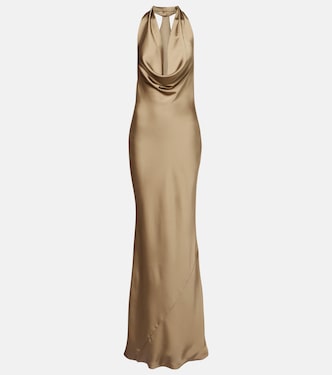 Bias draped halterneck satin gown | Norma Kamali