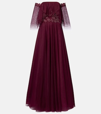 Embellished off-shoulder tulle gown | Costarellos